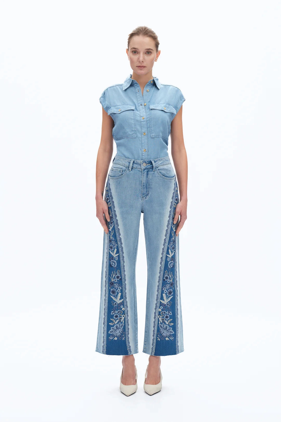 Ultra High Rise Embroidered Wide Leg Jeans Fade Resistant Finish Relaxed Silhouette