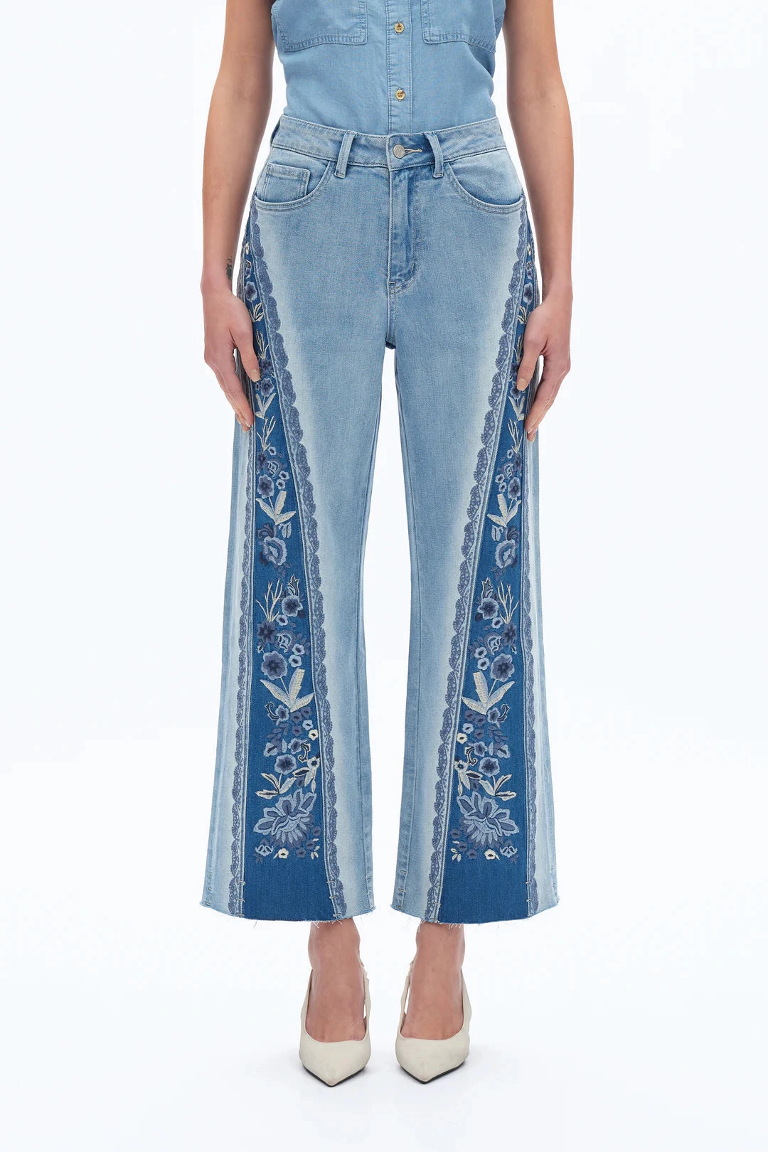 Fade Resistant Coating Slim Silhouette Ultra High Rise Embroidered Wide Leg Jeans