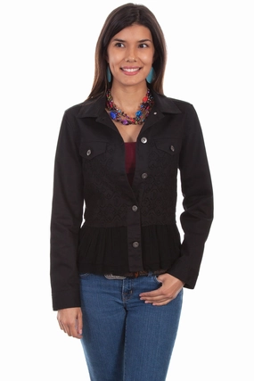 Subtle Texture Rugged Outdoor Optimized Scully Womens Black Cotton Blend Lace Inset Denim Jacket