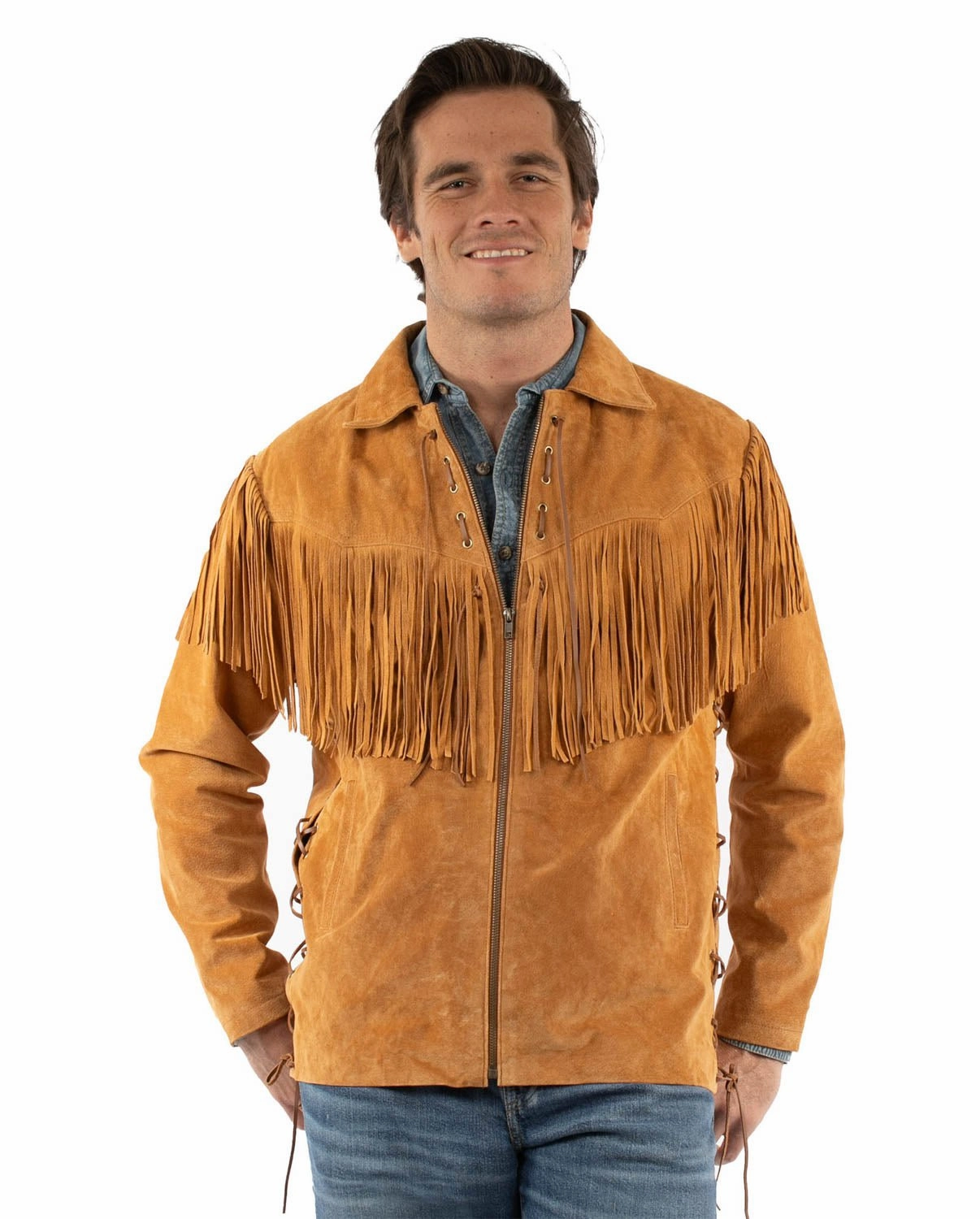 Scully Mens Rugged Fringe Bourbon Suede Leather Jacket Two Tone Design