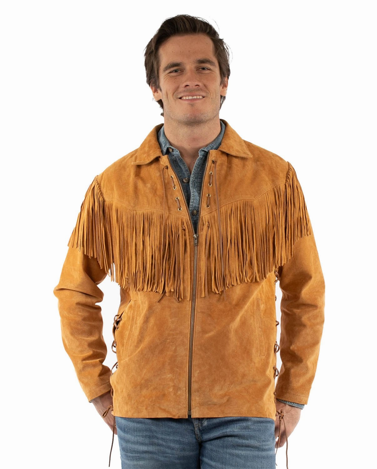 Scully Mens Rugged Fringe Bourbon Suede Leather Jacket Anti Pill Surface