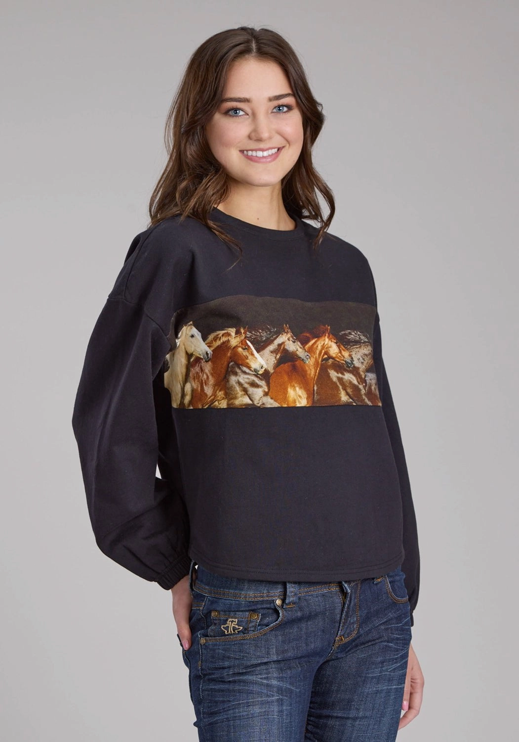 Soft Touch Texture Roper Womens Running Horses Black 100% Cotton Sweatshirt