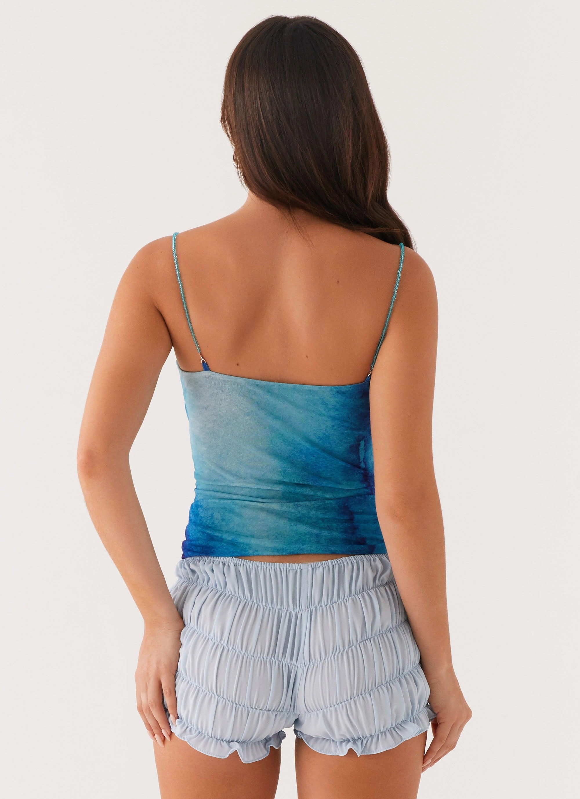 Future Cut Out Top - Blue Tie Dye AdjustableCuffs Non Restrictive Collar