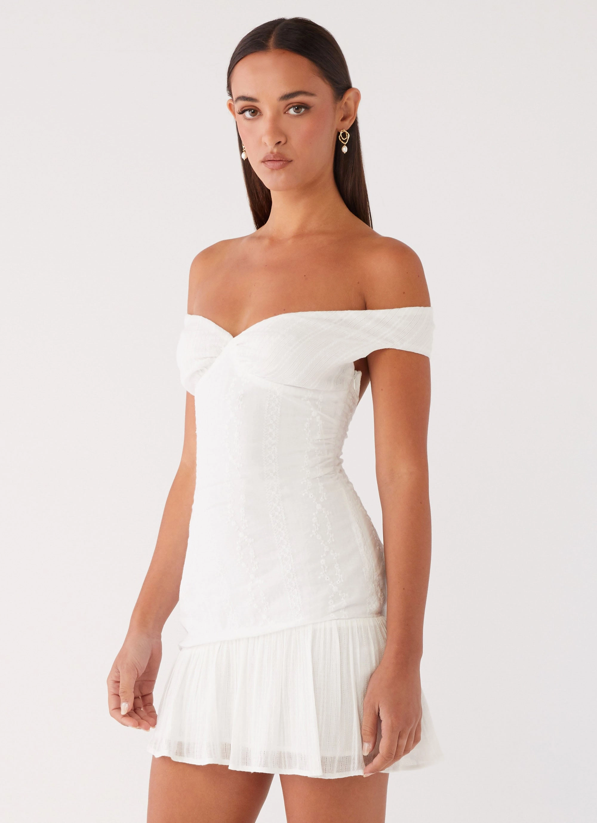 Gabby Ruffle Hem Mini Dress - Ivory Soft Balance Romantic date dress