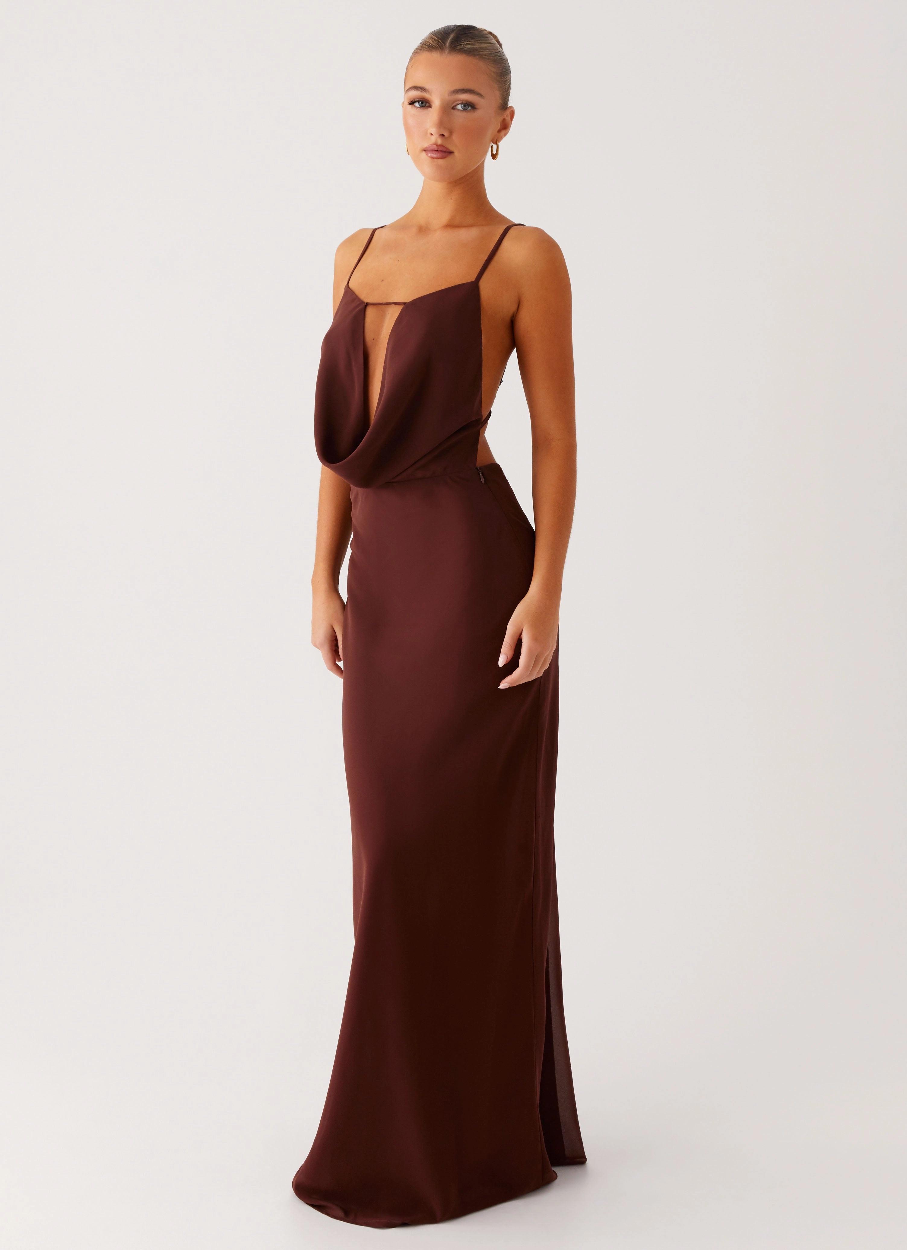 Bow-Detail Elation Cowl Neck Maxi Dress - Chocolate