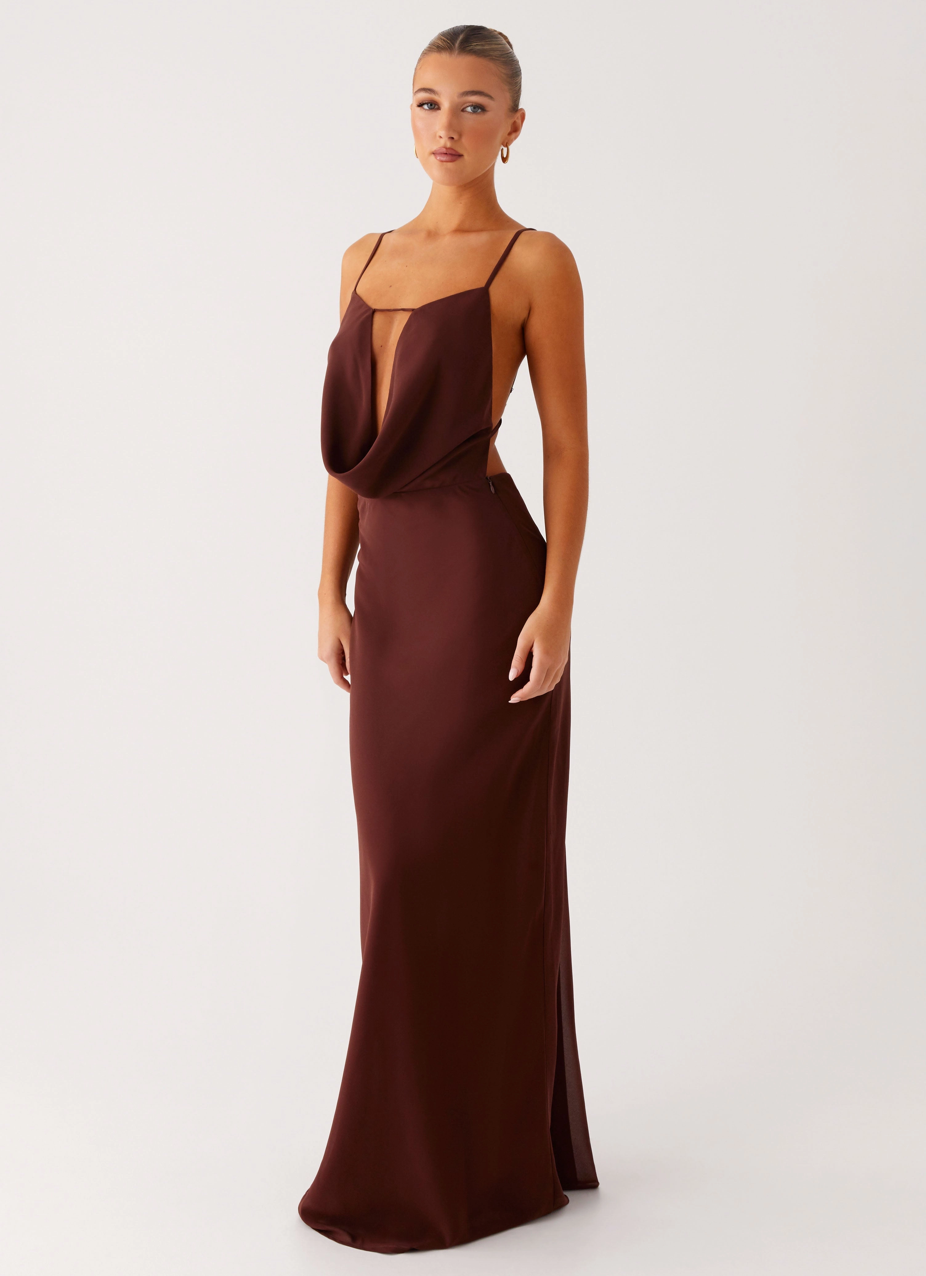 Quick Glam Mix-And-Match Elation Cowl Neck Maxi Dress - Chocolate