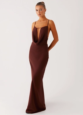Fall Mood Transitional-Wear Elation Cowl Neck Maxi Dress - Chocolate