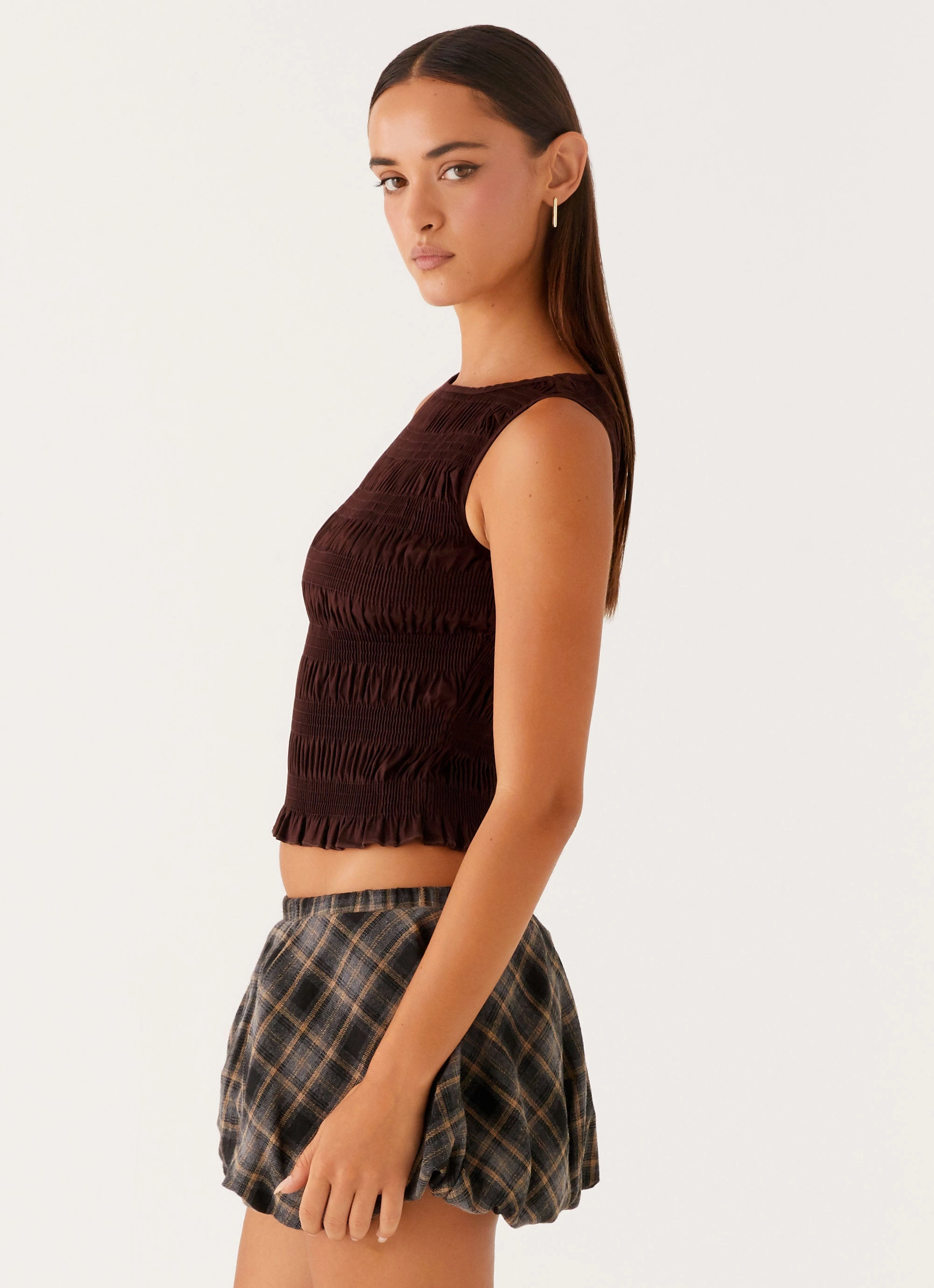 Garden Kisses Shirred Top - Brown Smooth Zipper Integration RibbedTrim