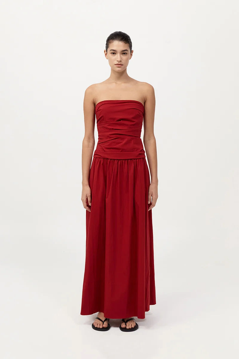 Gathered Strapless Tie Back Dress in Rosso FlexibleNeckline Grid Back Panel
