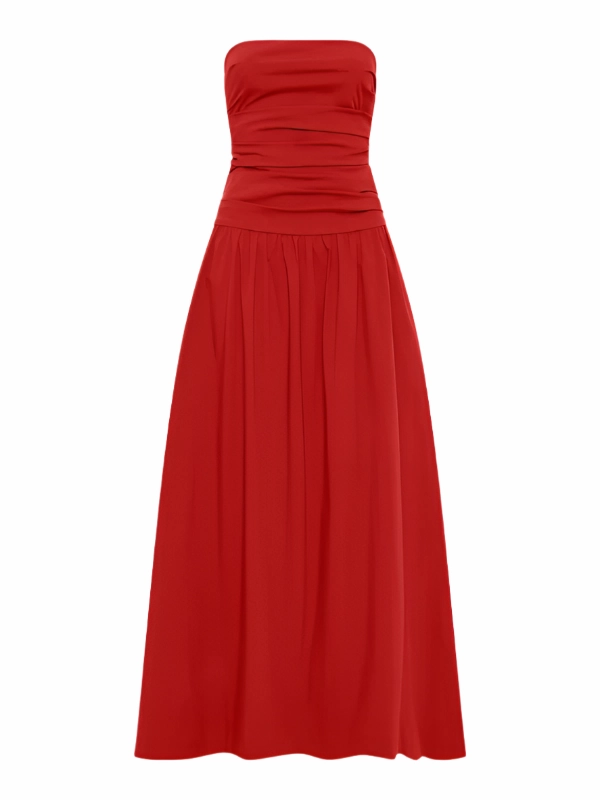 Stretchable Blend Gathered Strapless Tie Back Dress in Rosso