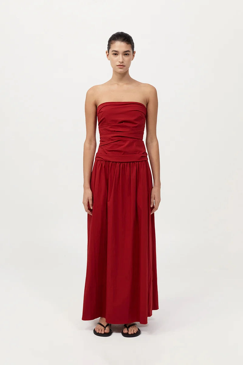 Gathered Strapless Tie Back Dress in Rosso Effortless Comfort