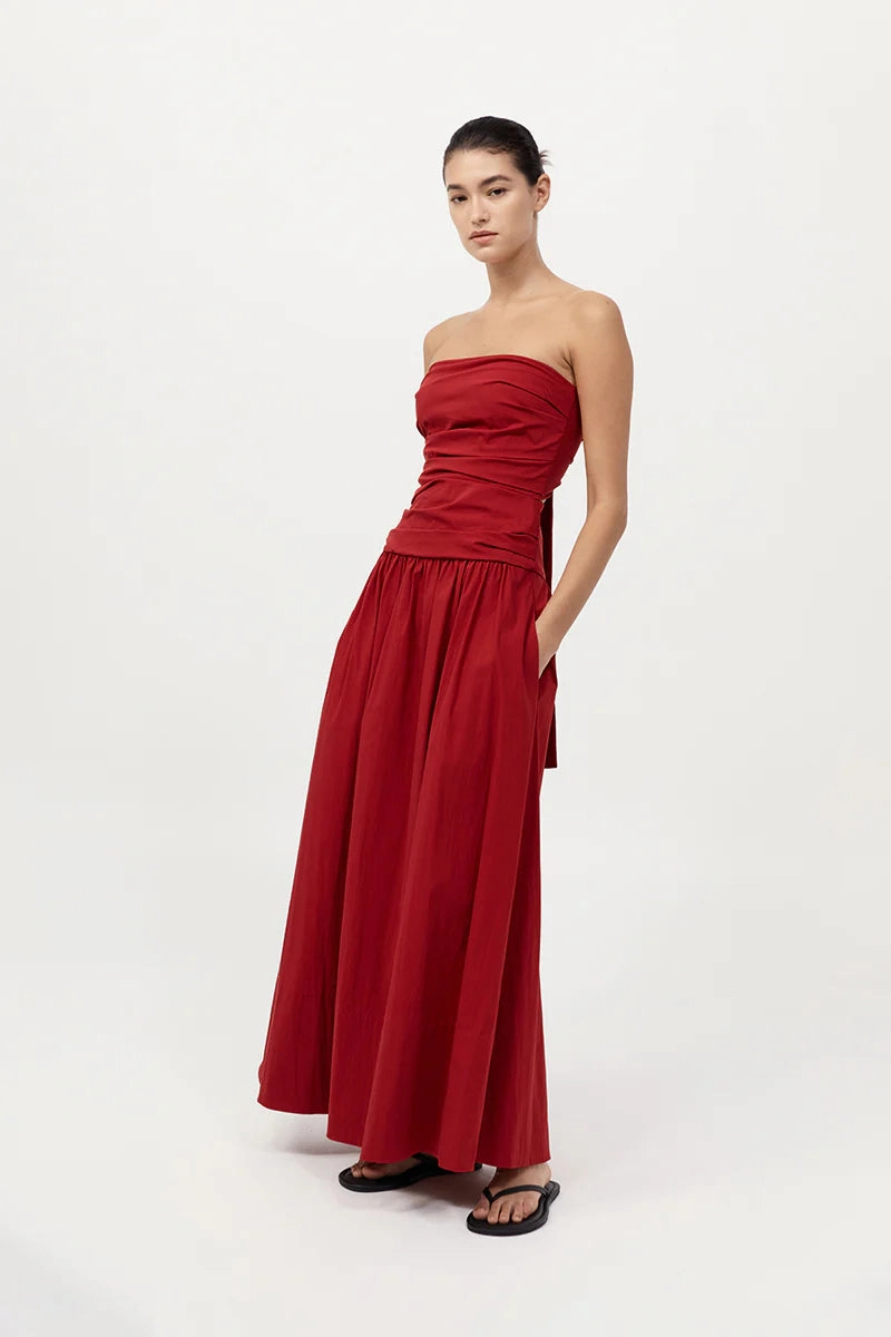 Gathered Strapless Tie Back Dress in Rosso Hypoallergenic Inner Layer