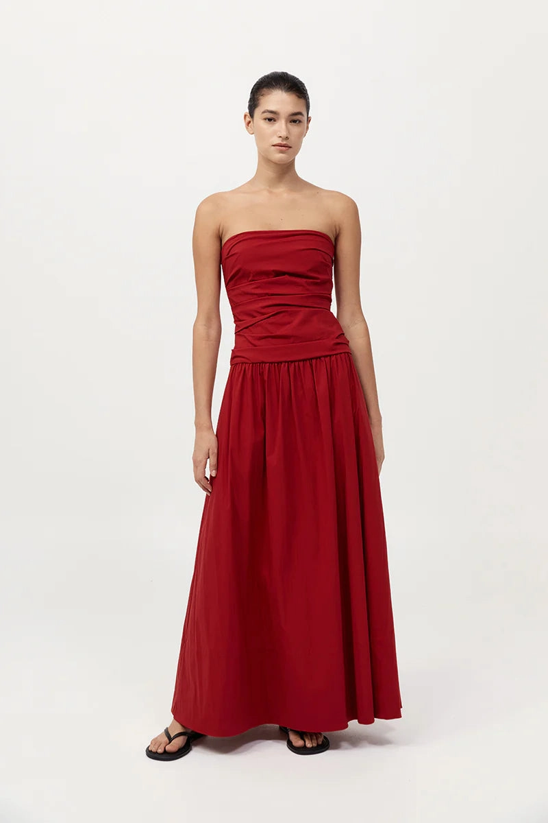 Gathered Strapless Tie Back Dress in Rosso Soft Draping Silky Touch