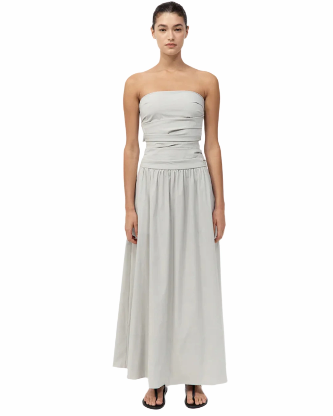 Flow Friendly Gathered Strapless Tie Back Dress in Silver