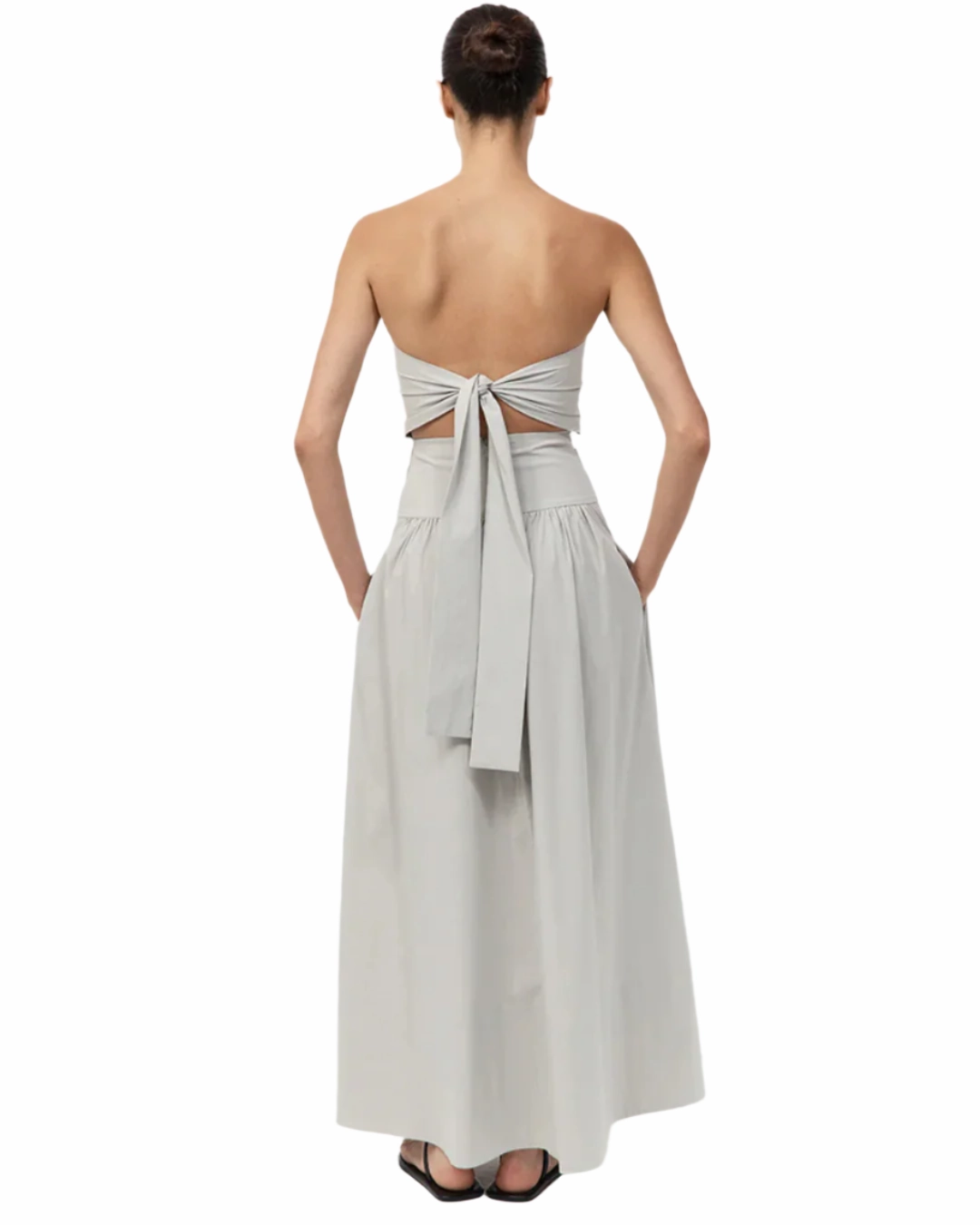 Casual Chic Gathered Strapless Tie Back Dress in Silver