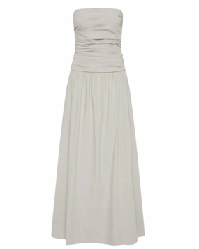 Linen Soft Gathered Strapless Tie Back Dress in Silver