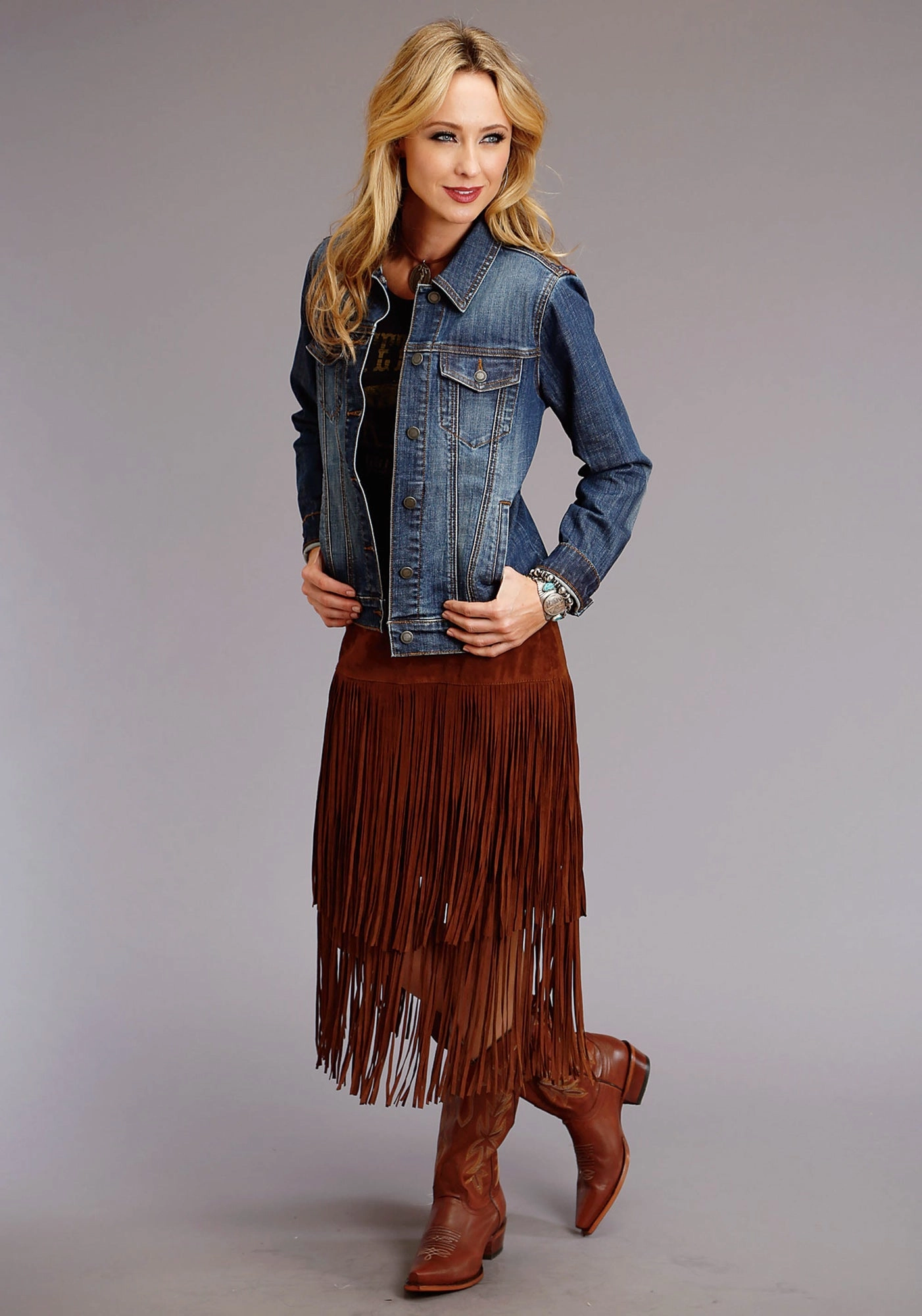 Stetson Womens Brown Leather Lamb Suede Fringe Skirt Push Button Closure