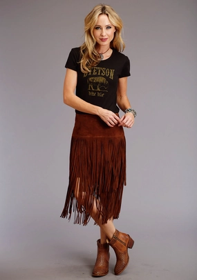 Stetson Womens Brown Leather Lamb Suede Fringe Skirt Collector??s Item