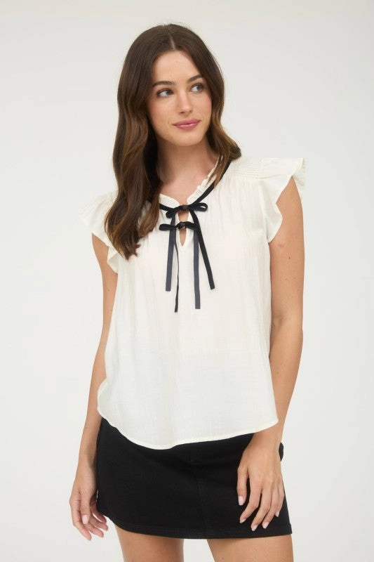 Comfy Cardigan Georgia Contrast Front Tie Detail Short Sleeve Blouse