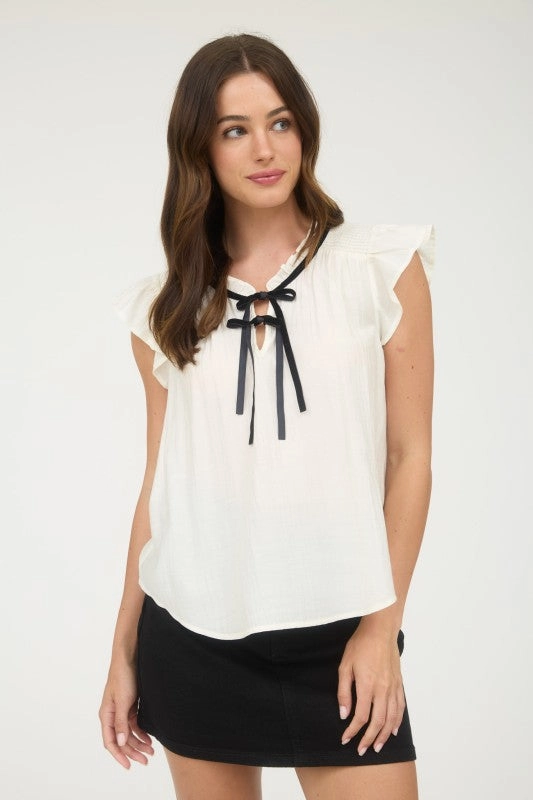 Hypoallergenic Textile Georgia Contrast Front Tie Detail Short Sleeve Blouse