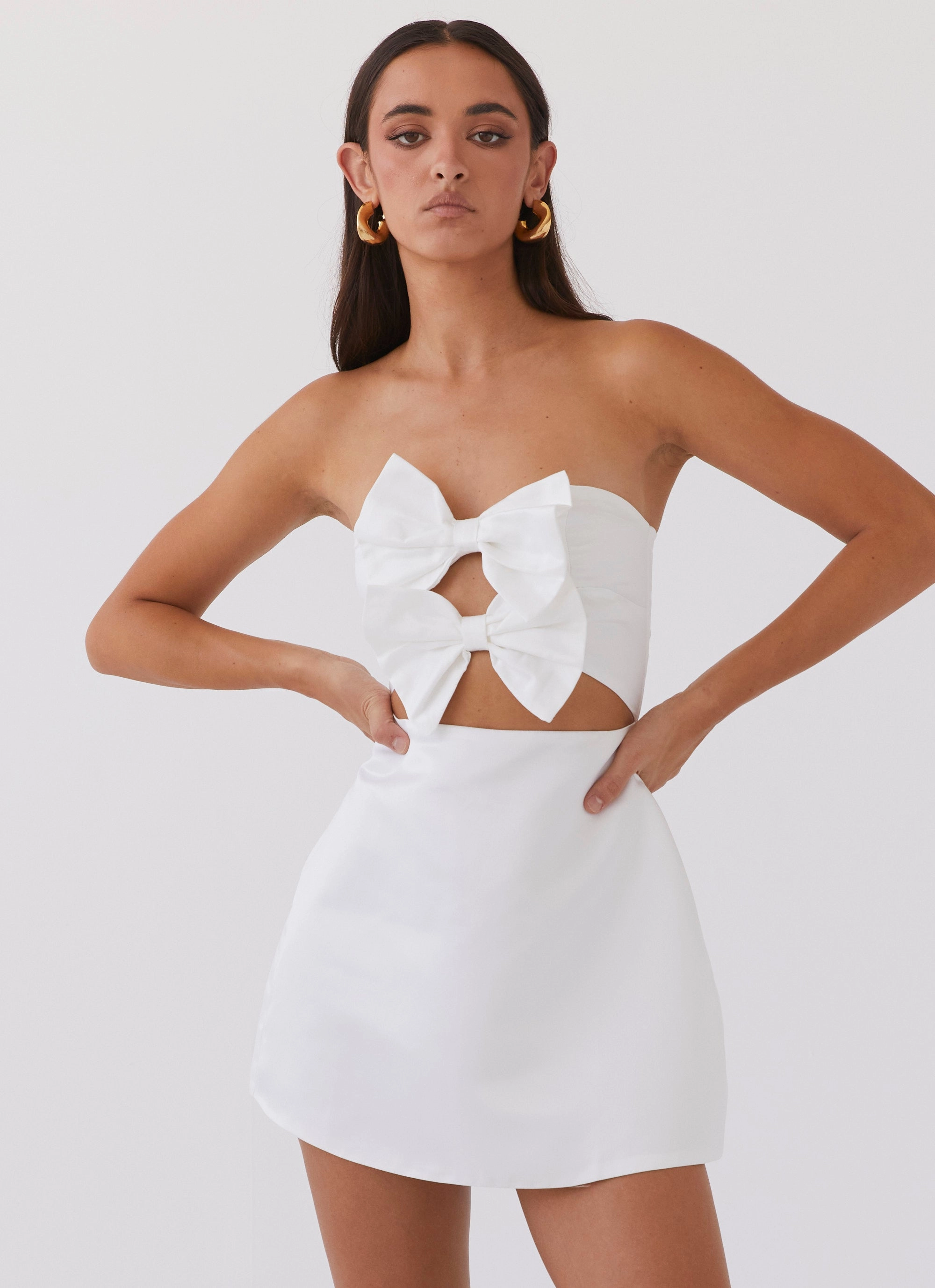 Girl Crush Bow Mini Dress - White Gathered-Detail Smart Design