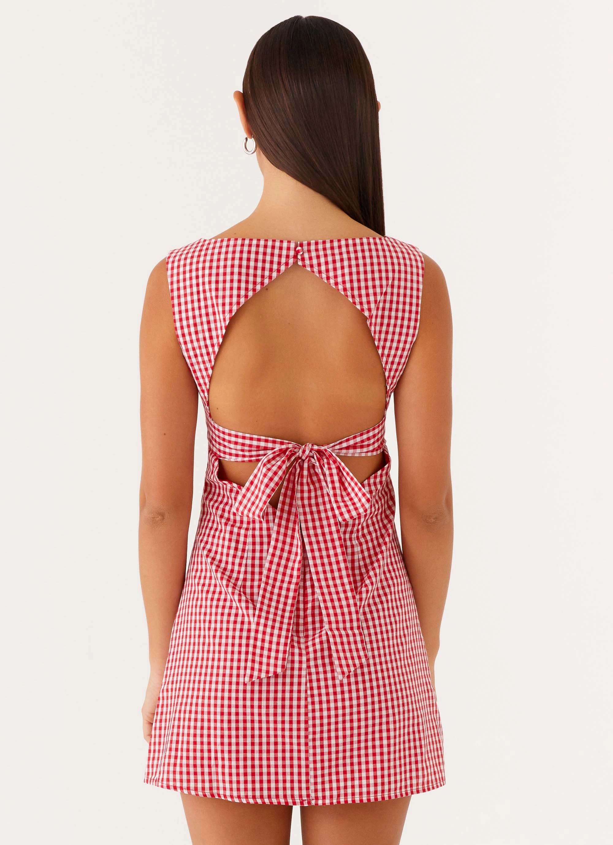 Modest Look Inner Smile Lotus Tie Back Mini Dress - Red Gingham