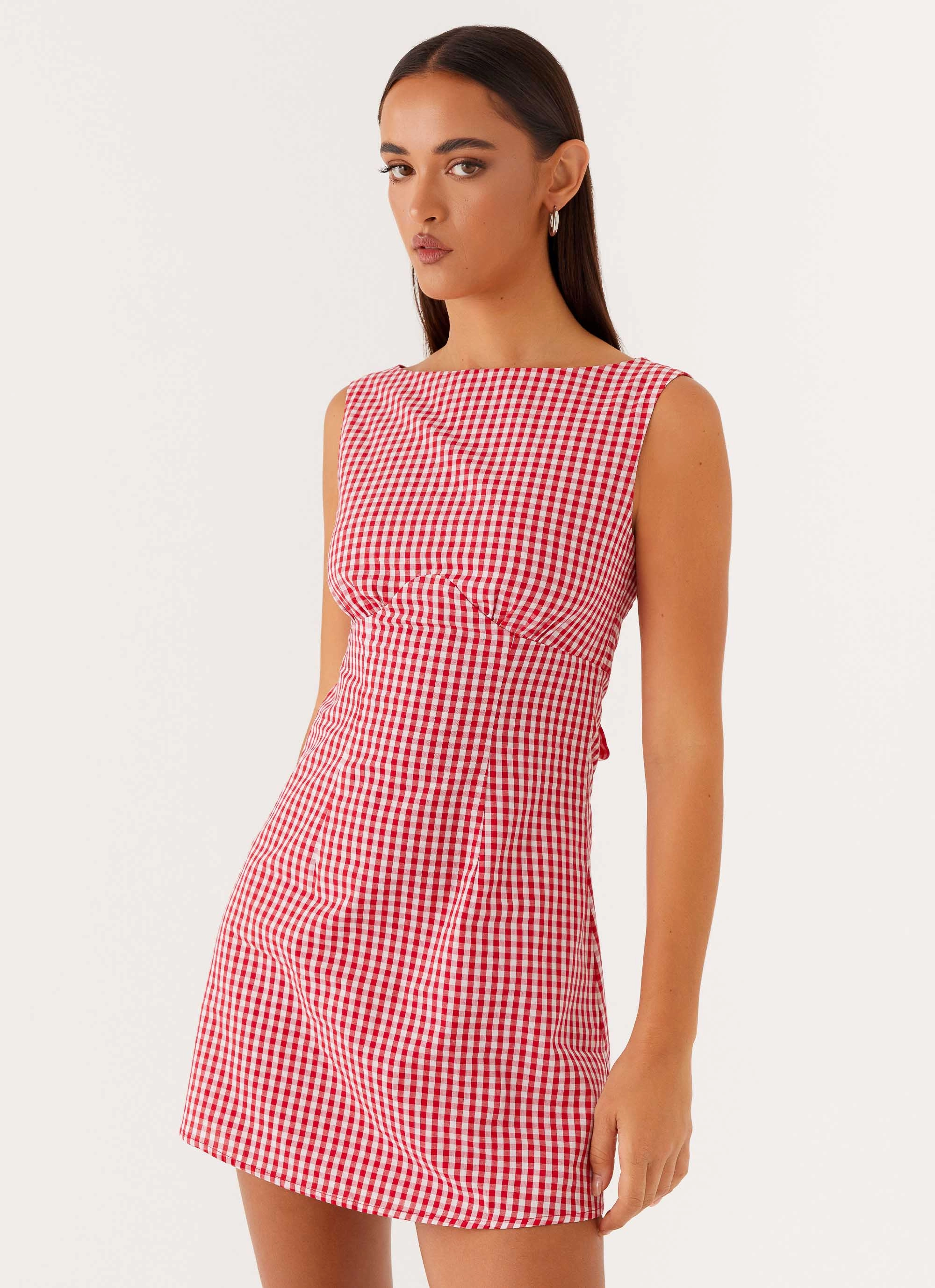 Easy Flow Lightweight Fit Lotus Tie Back Mini Dress - Red Gingham