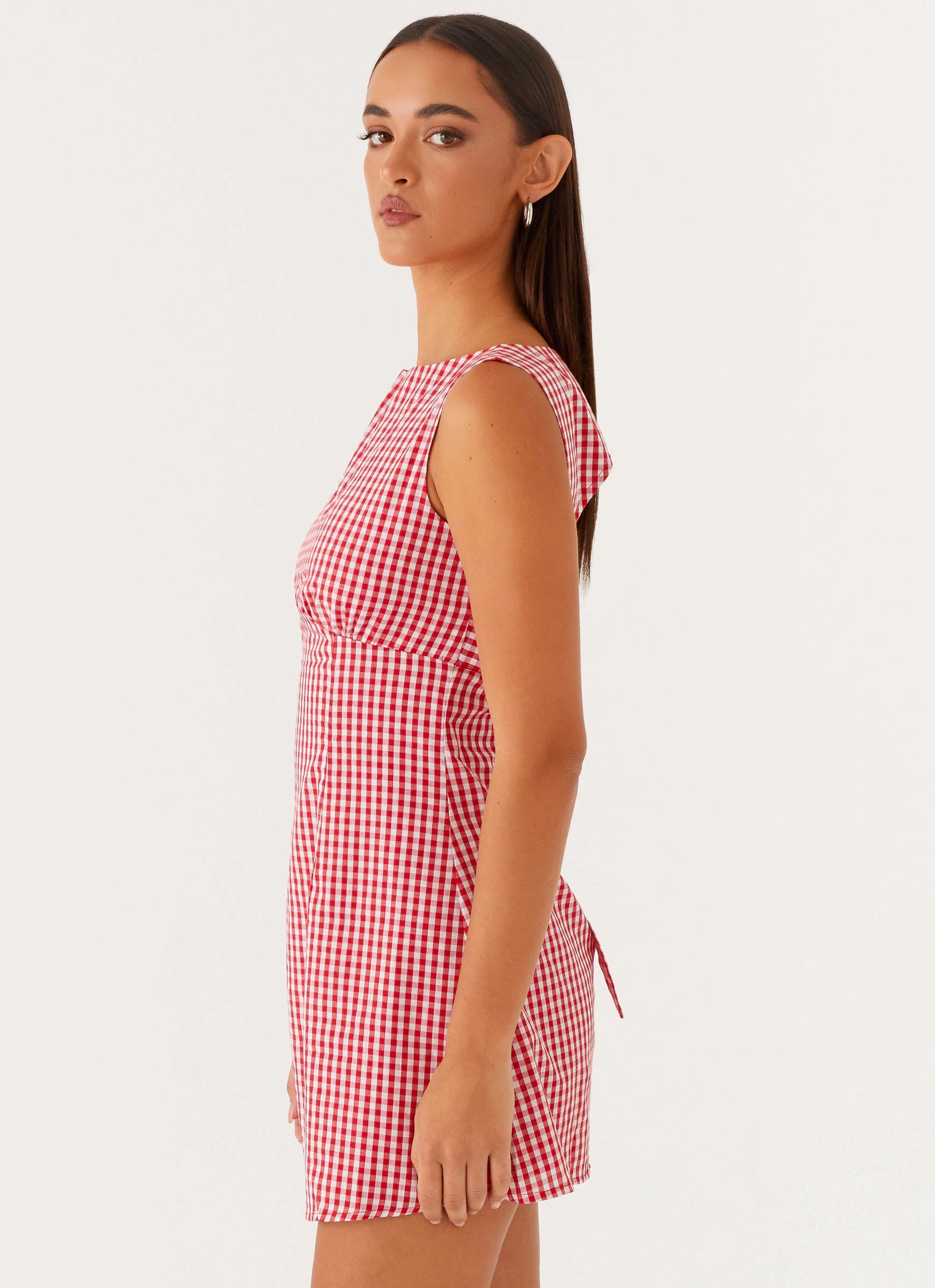 AntiStaticMaterial Lotus Tie Back Mini Dress - Red Gingham