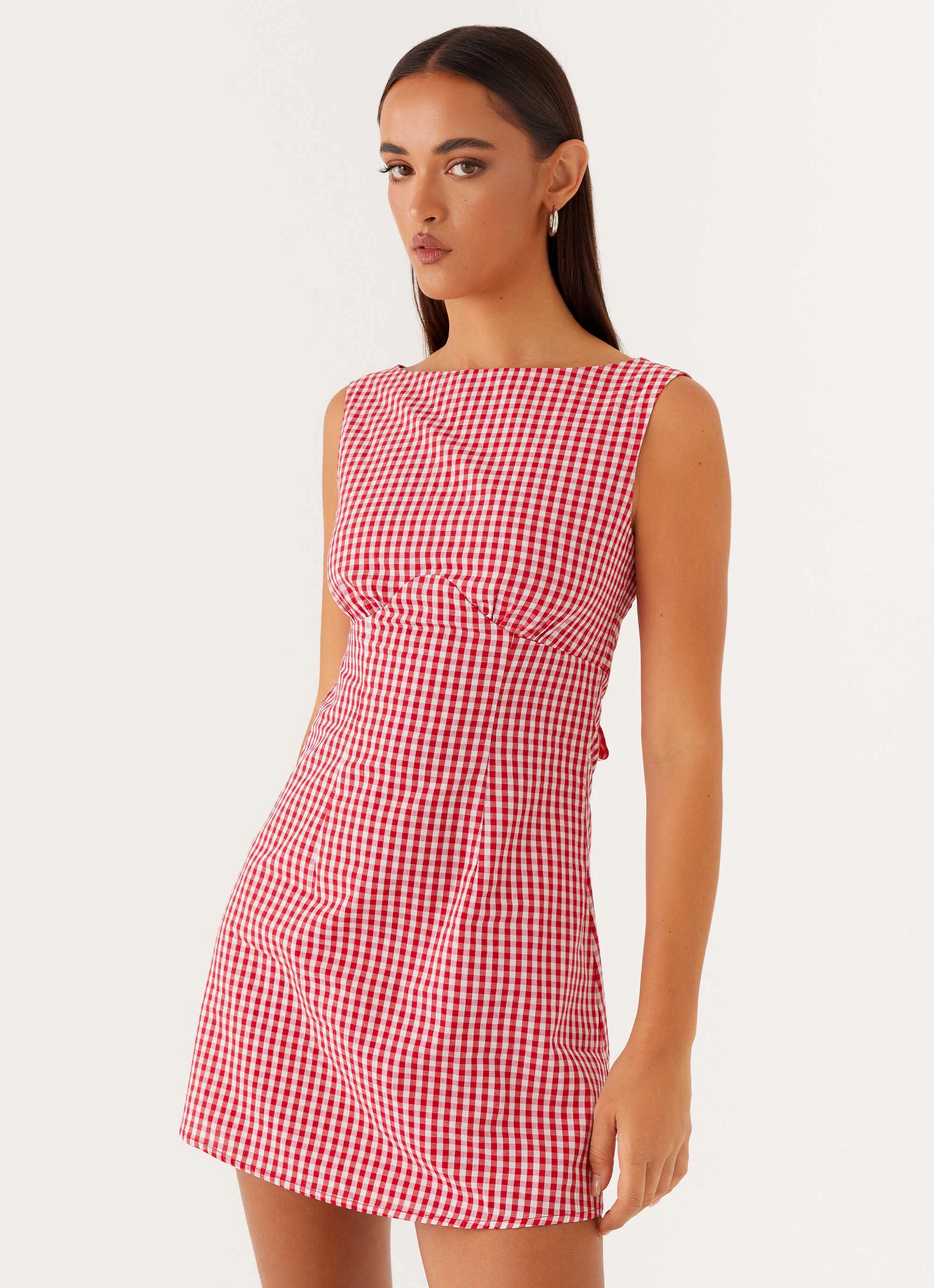 Lotus Tie Back Mini Dress - Red Gingham Relaxed Layers Spring Garden