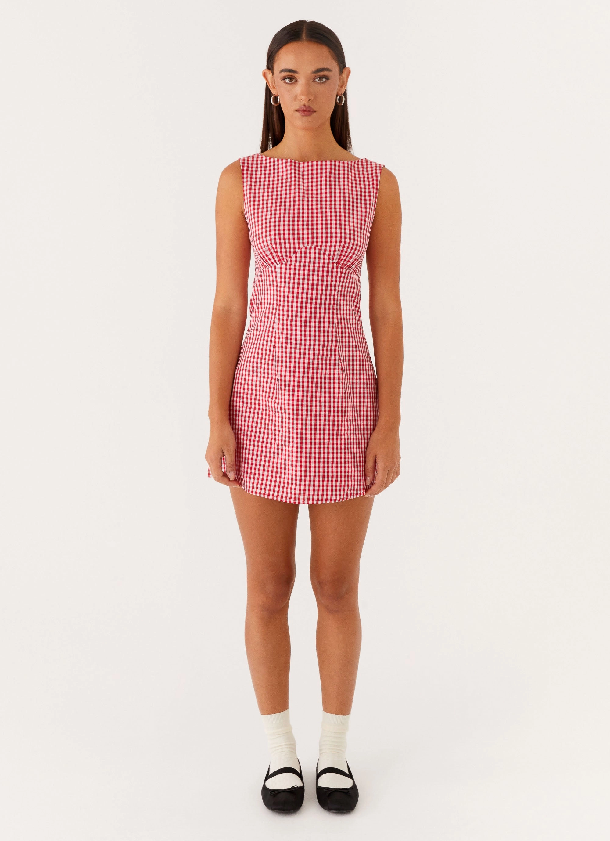 Relax Style Sophisticated Design Lotus Tie Back Mini Dress - Red Gingham