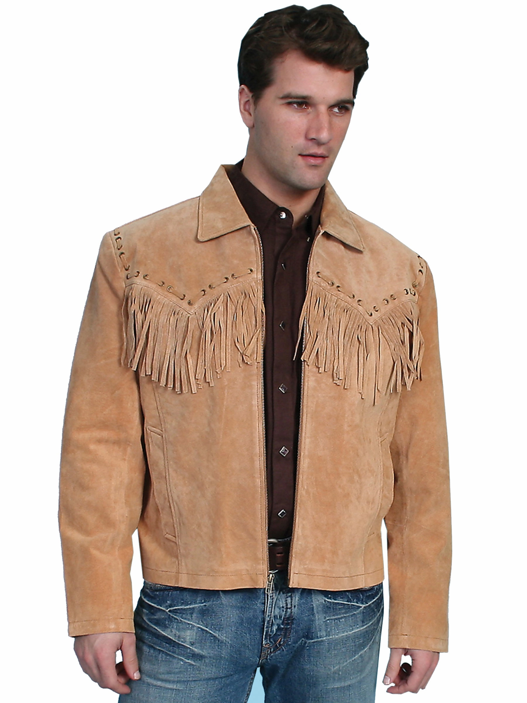 Scully Leather Mens Western Boar Suede Fringe Jacket Bourbon Ultraviolet Protection Factor Abrasion Resistant Surface