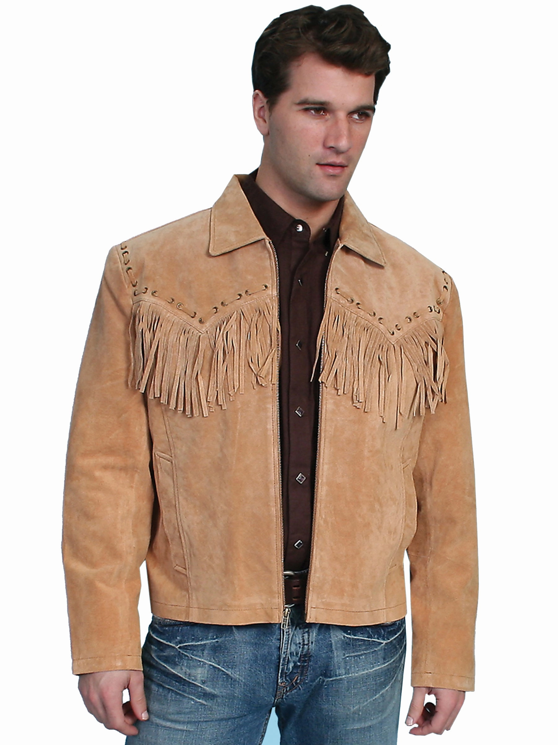 Scully Leather Mens Western Boar Suede Fringe Jacket Bourbon Reinforced Seam Durability 3-In-1 Set