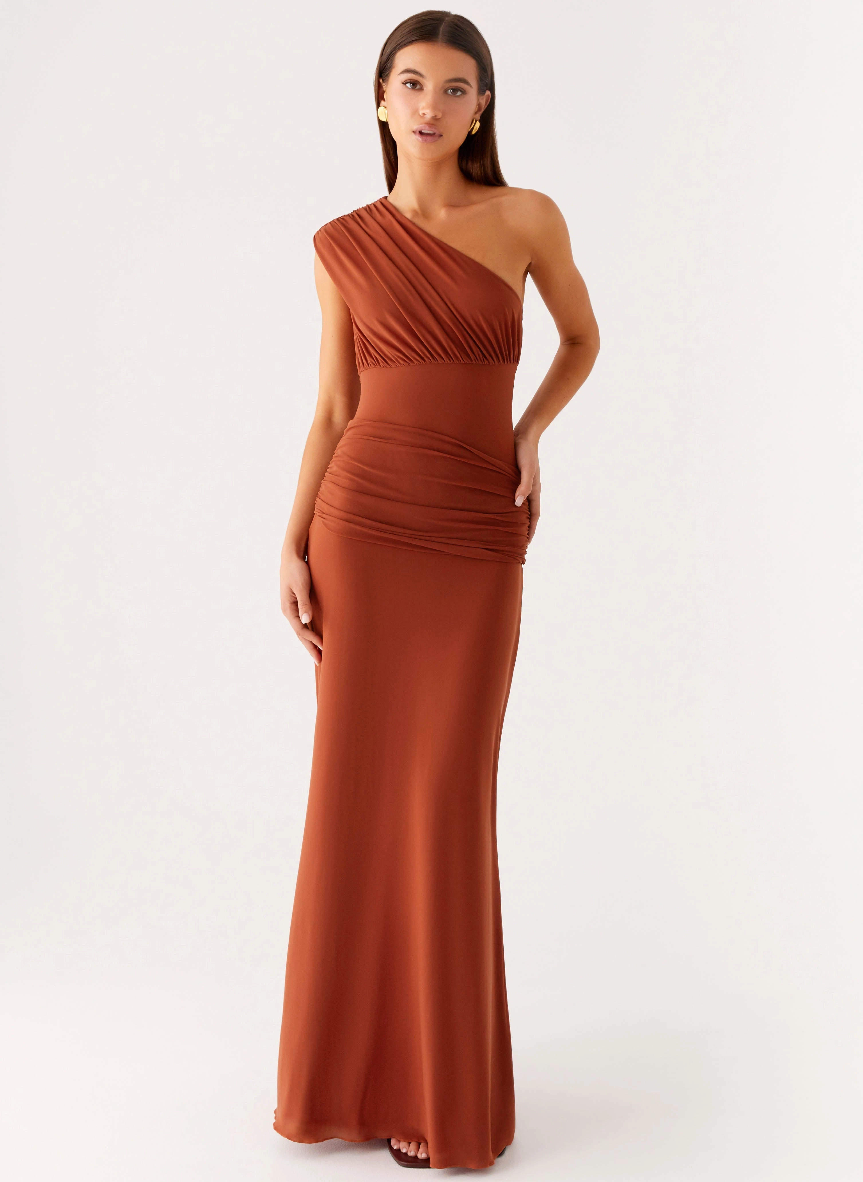 Glimmer Maxi Dress - Rust Side Slit Chilly Weather Comfort