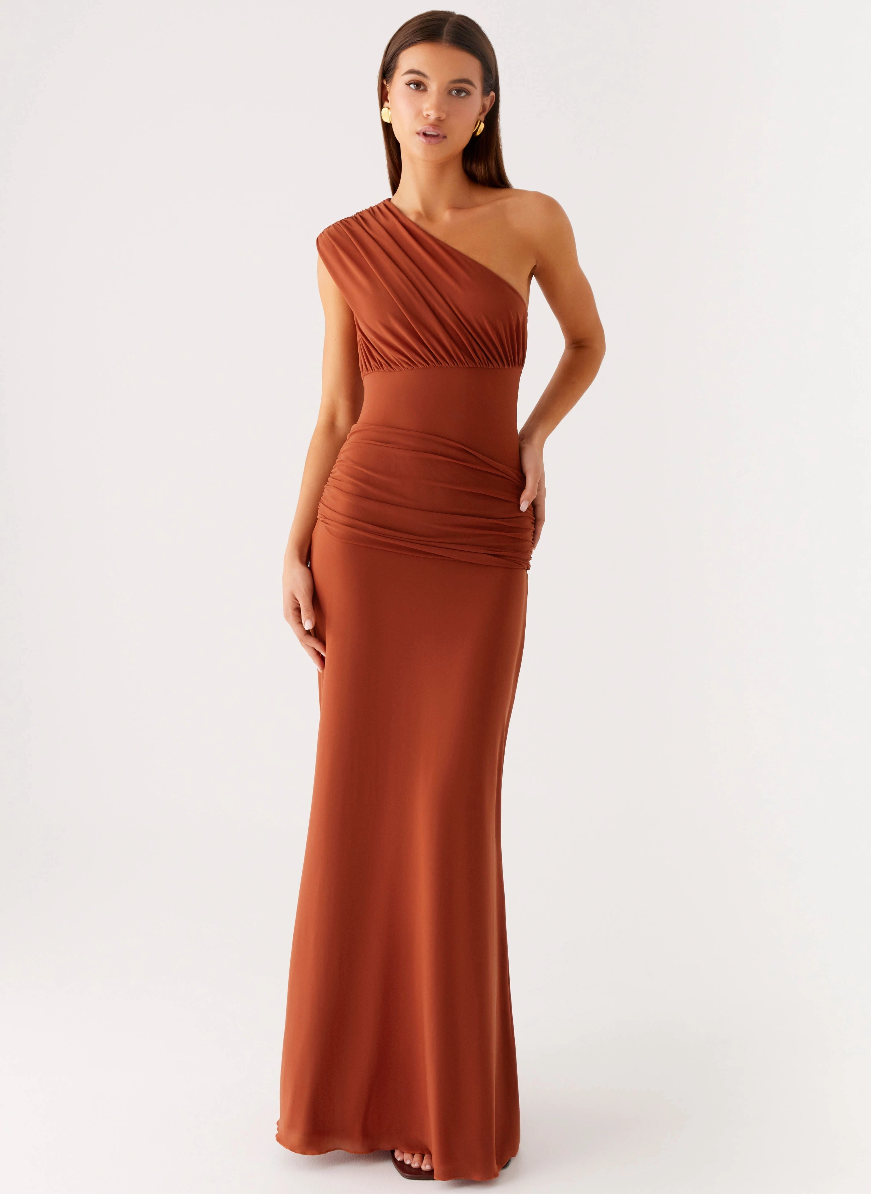 Glimmer Maxi Dress - Rust Flare Hem Sheer Overlay