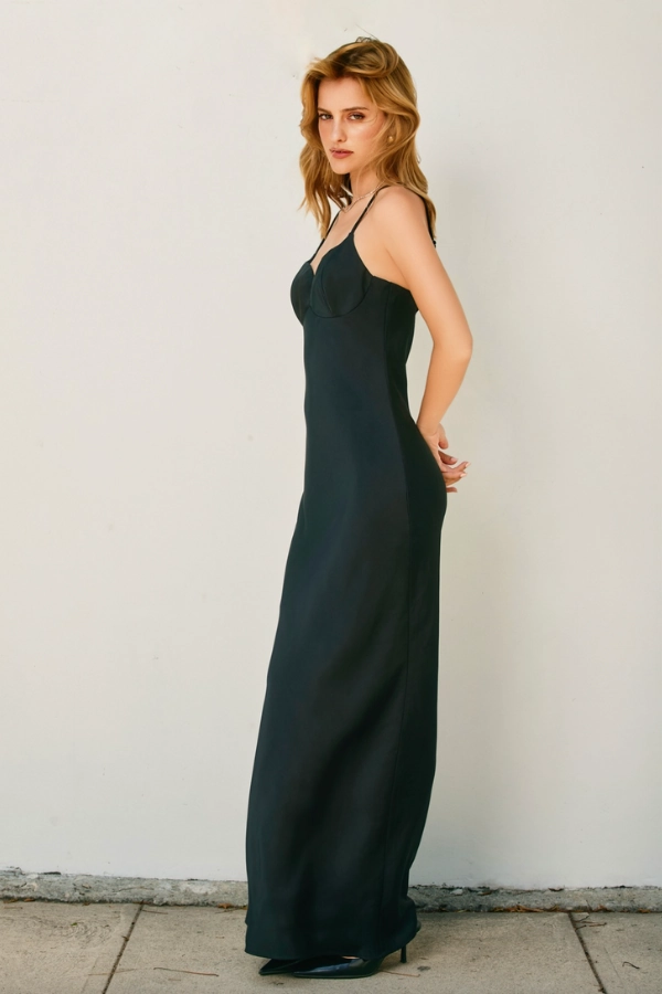 Going Out Satin Maxi Dress - Black HighElasticity Thread Self Fabric Tie