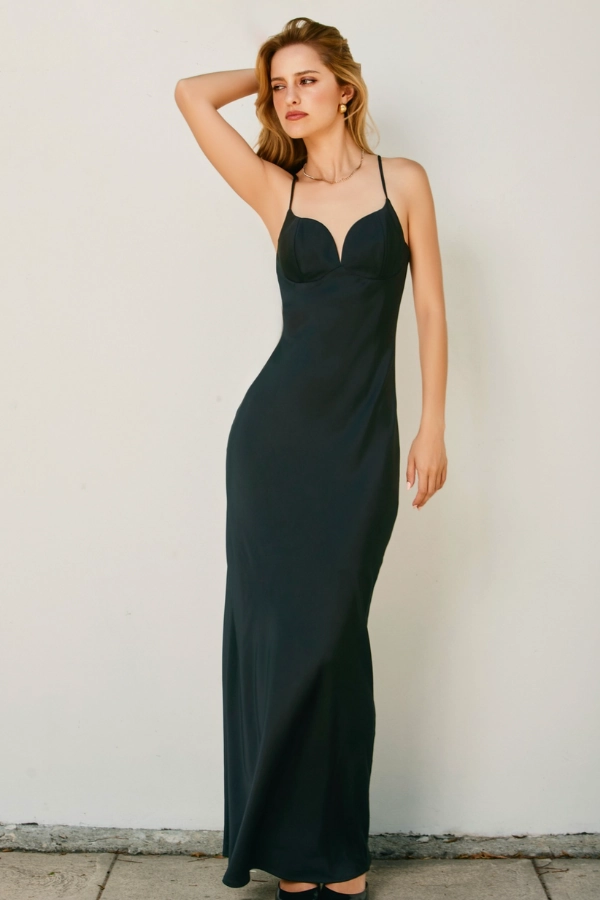 Friction Reducing Finish Ribbed Trim Details Going Out Satin Maxi Dress - Black