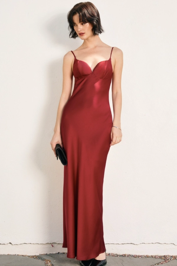 Waist Seam Going Out Satin Maxi Dress - Oxblood