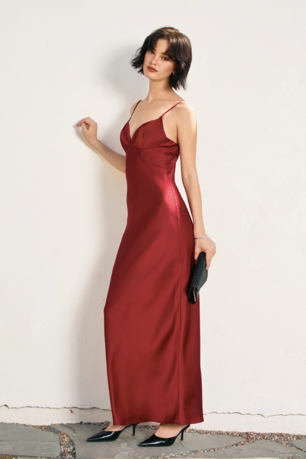 Going Out Satin Maxi Dress - Oxblood Low Profile Stitching
