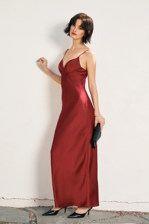 Cold-Shoulder Romantic Vibes Going Out Satin Maxi Dress - Oxblood