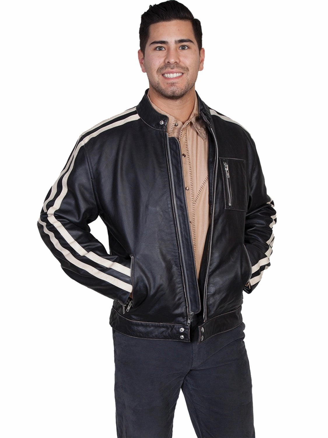 Scully Leather Mens Charcoal Sanded Calf Cafe Racer Racing Jacket Glow In The Dark Accents