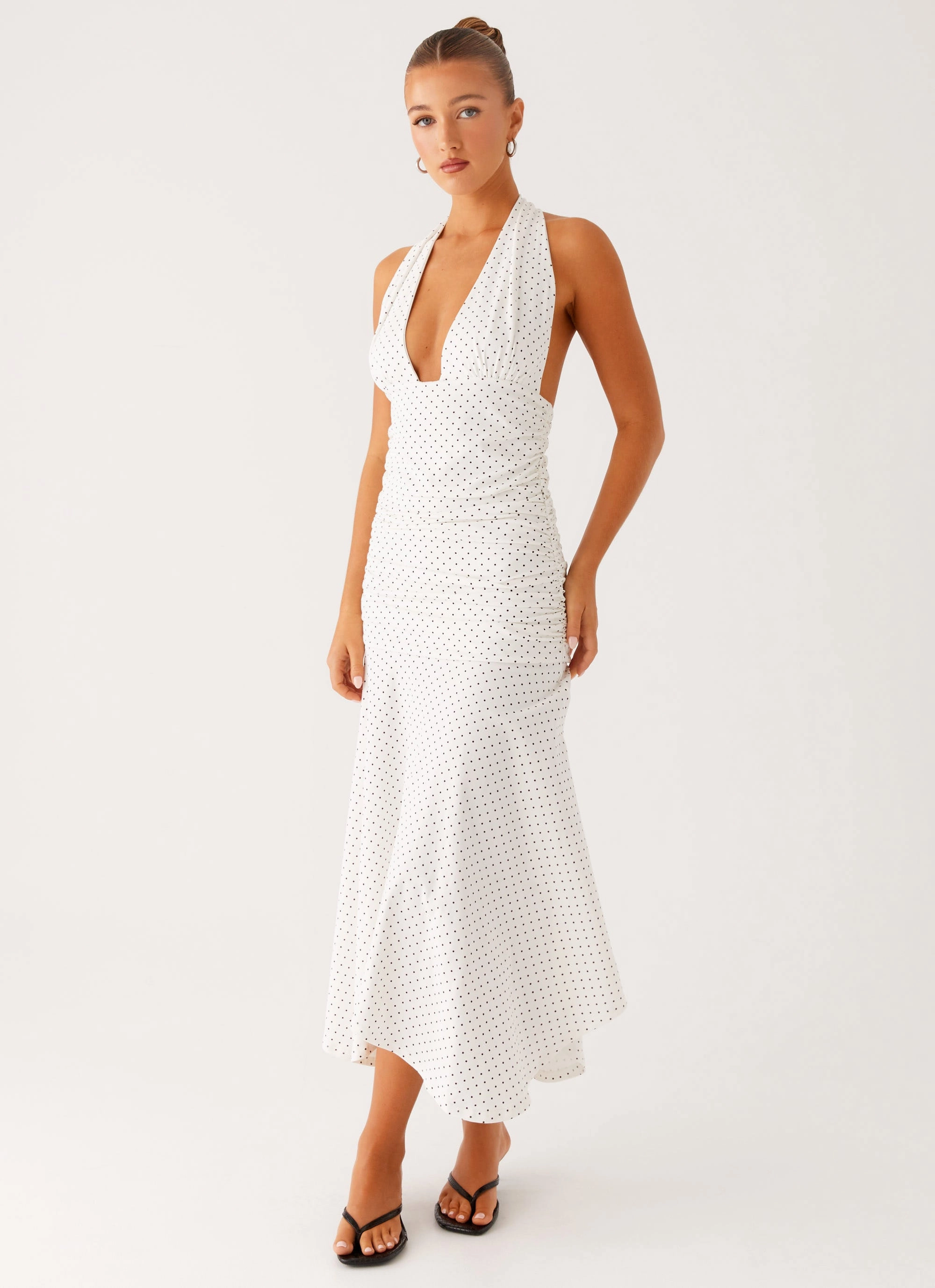 DeepPocketStyle Everyday Wear Grettana Halter Neck Midi Dress - White Polka Dot