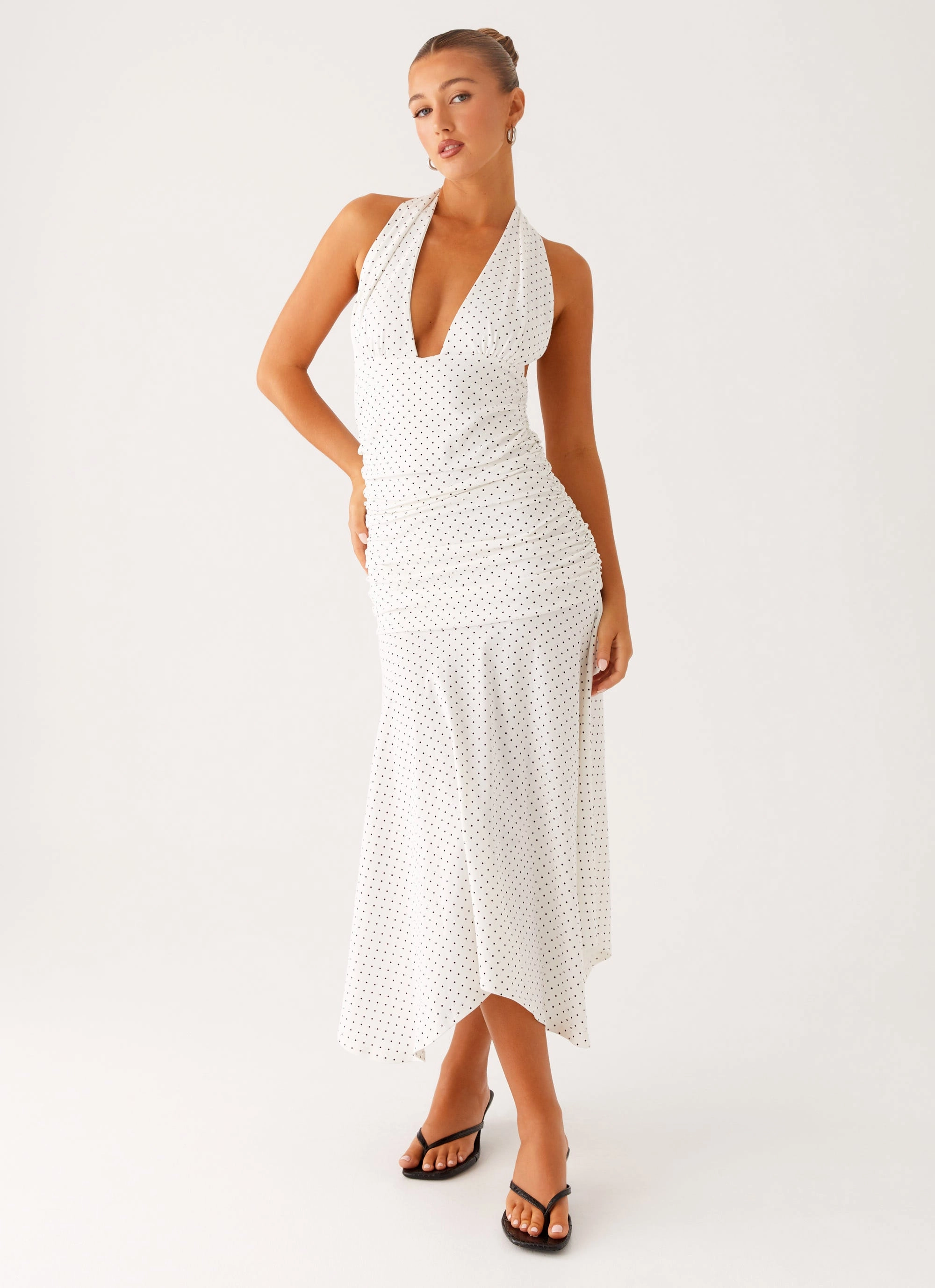 Grettana Halter Neck Midi Dress - White Polka Dot Draped Silhouette