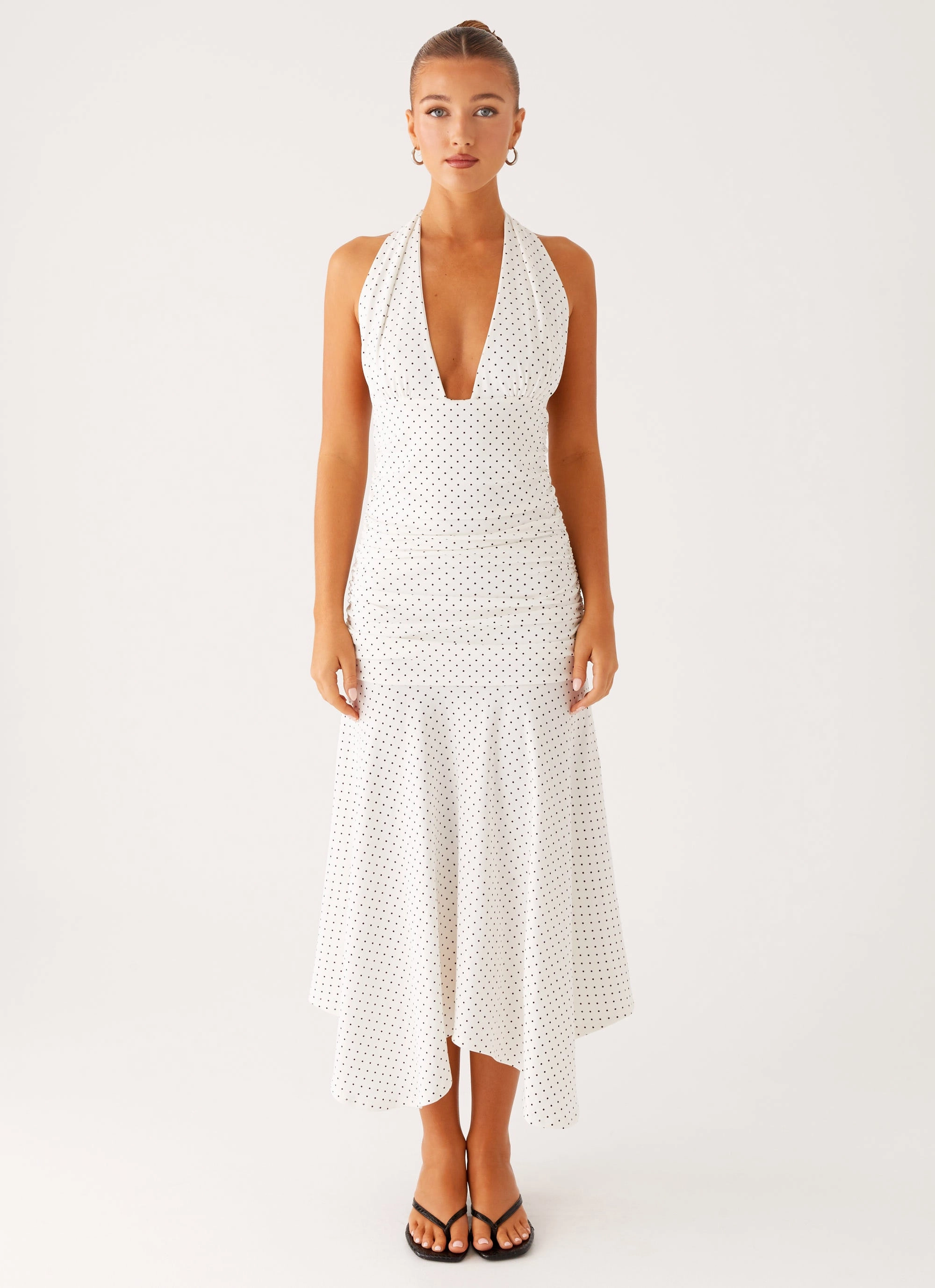 Pure Tone Short Sleeve Grettana Halter Neck Midi Dress - White Polka Dot