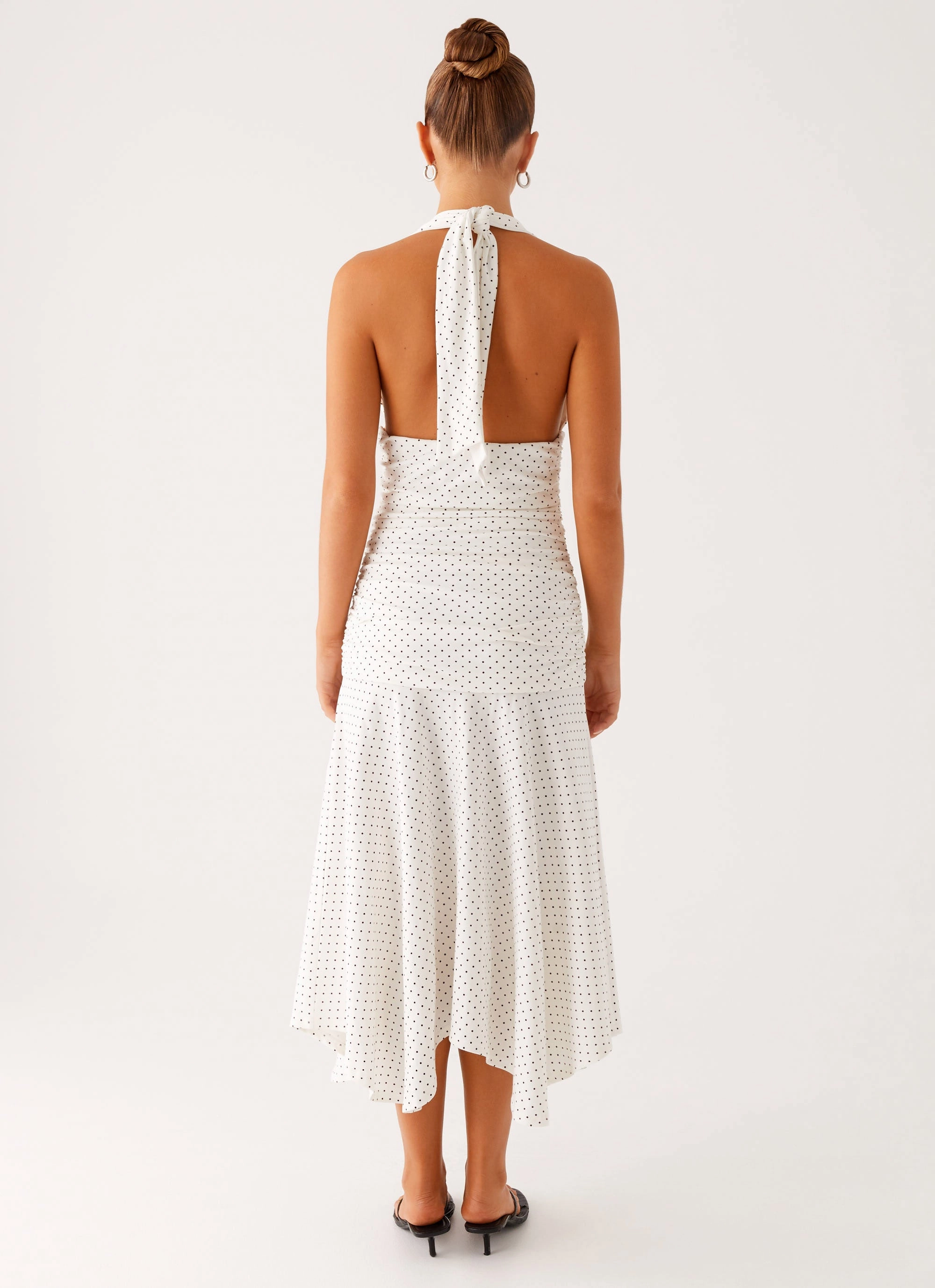 V-Neck Grettana Halter Neck Midi Dress - White Polka Dot
