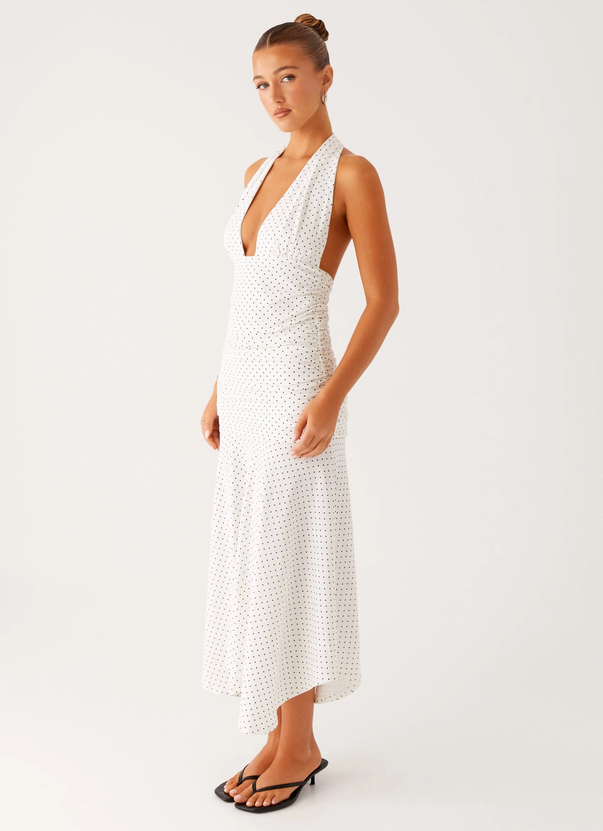 Grettana Halter Neck Midi Dress - White Polka Dot Flowing Lines Vibrant pattern