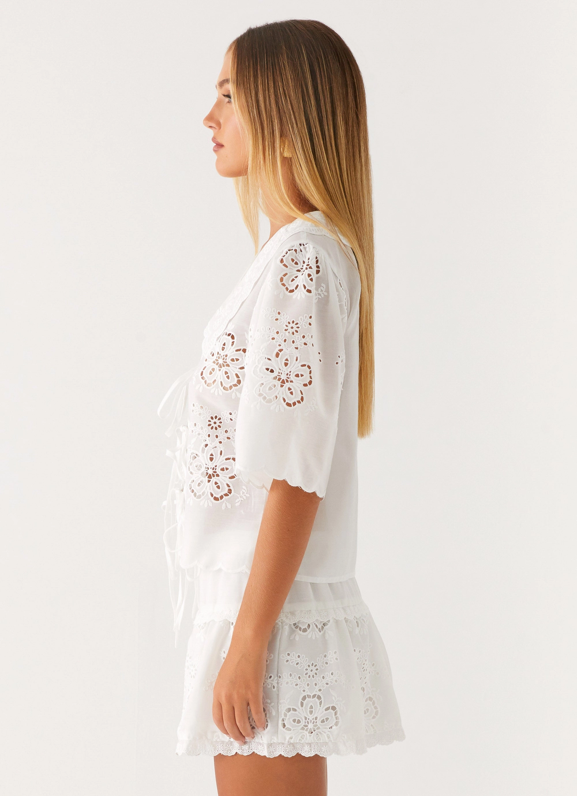 Summer Escape Embroidered Top - White Everyday Style DroppedShoulder