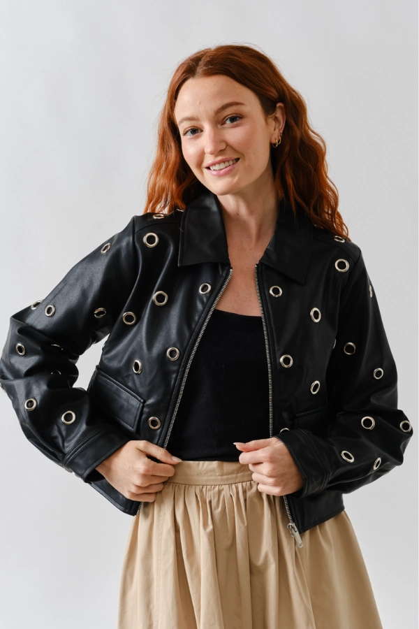 Grommet Faux Leather Jacket - Black MoistureControl
