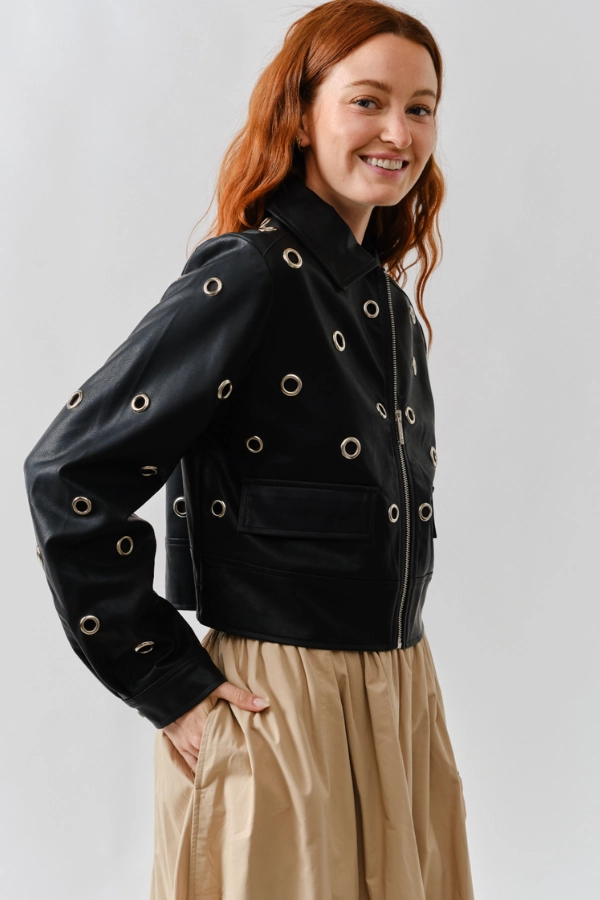 Printed top Grommet Faux Leather Jacket - Black