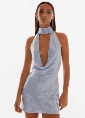 garden party Smooth Outline Nora Sequin Cowl Neck Mini Dress - Blue