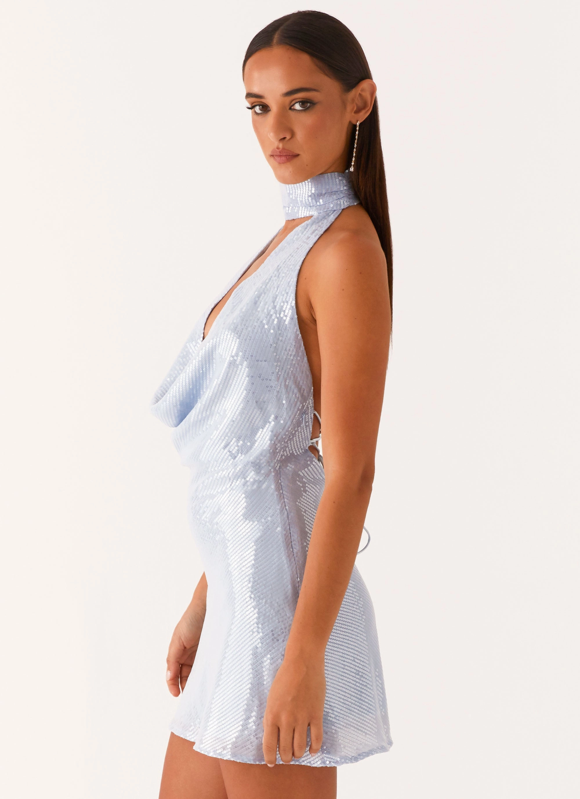 Trend Detail Lace-Sleeve Nora Sequin Cowl Neck Mini Dress - Blue